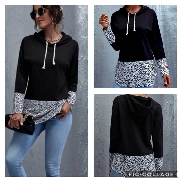 Leopard Print Trim Color Block Lightweight Hoodie - Picture 2 of 4